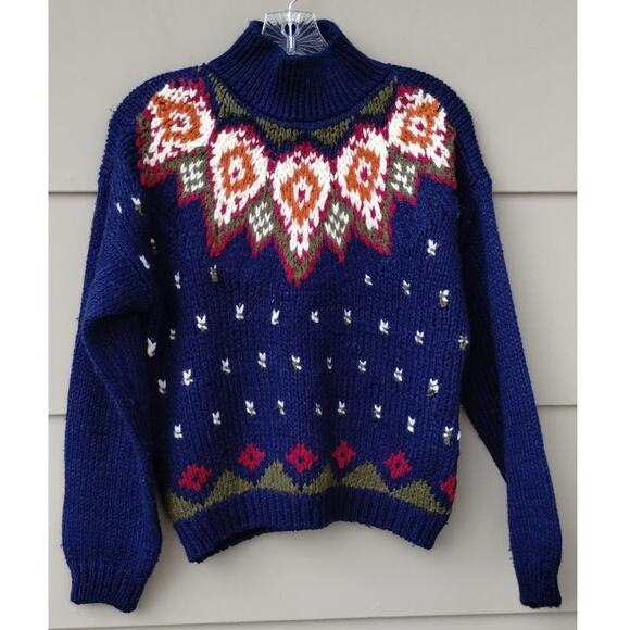 Jamie Scott Women's Knitted by Hand Ramie Wool Sweater Navy Blue Fair Isle S - Picture 10 of 10